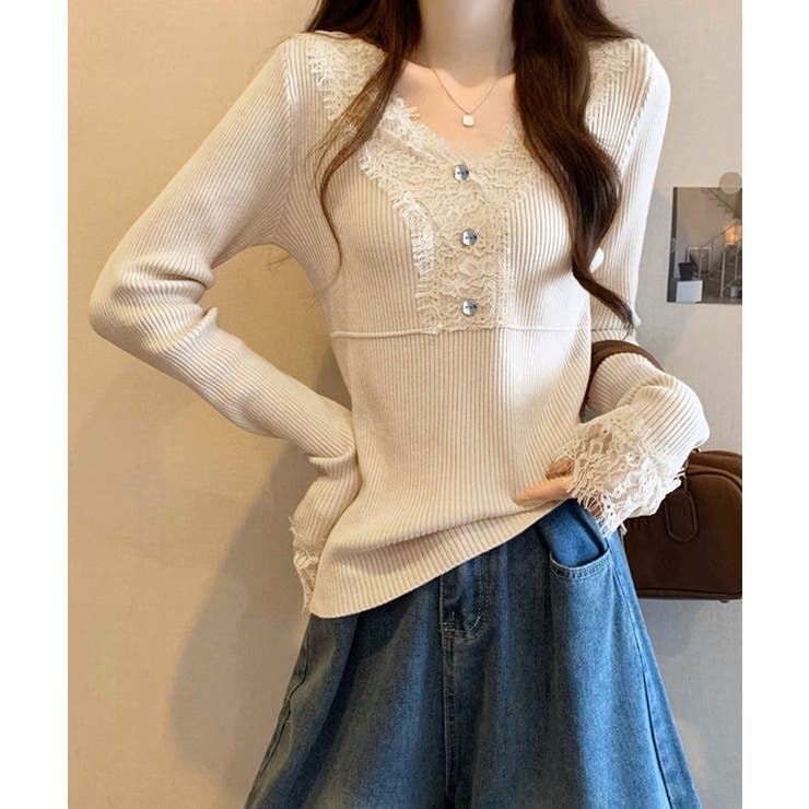 ニットトップス レース切り替えリブニット | Miniministore | 詳細画像9 