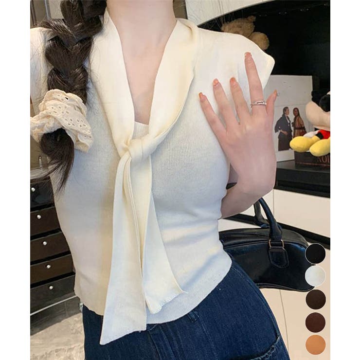 ボウタイサマーニット Vネックトップス | Miniministore | 詳細画像1 