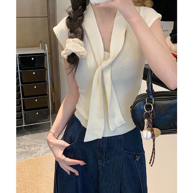 ボウタイサマーニット Vネックトップス | Miniministore | 詳細画像2 