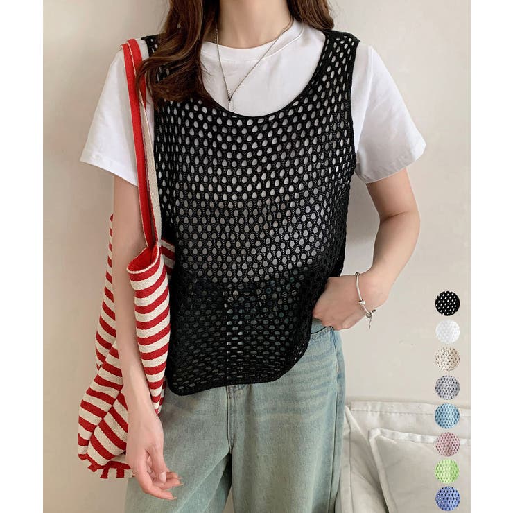 透かし編みニットベスト 重ね着ニットジレ | Miniministore | 詳細画像1 