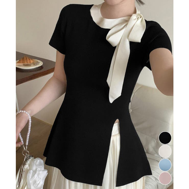 リボン付きニットトップス サイドスリット[品番：II000012870