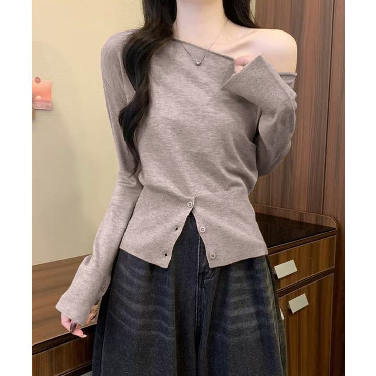 ワンショルダーニットトップス裾ボタン秋服 | Miniministore | 詳細画像10 