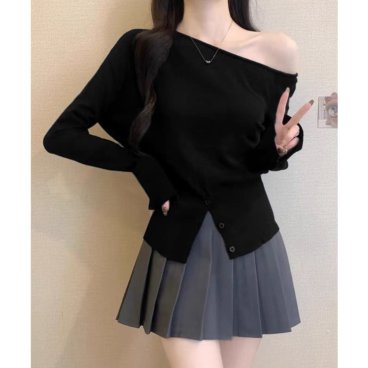 ワンショルダーニットトップス裾ボタン秋服 | Miniministore | 詳細画像4 