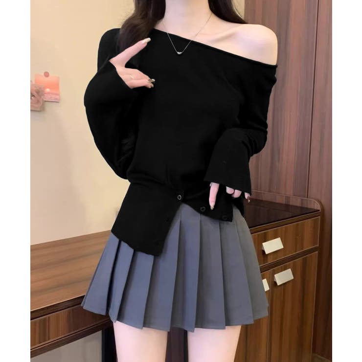 ワンショルダーニットトップス裾ボタン秋服 | Miniministore | 詳細画像5 