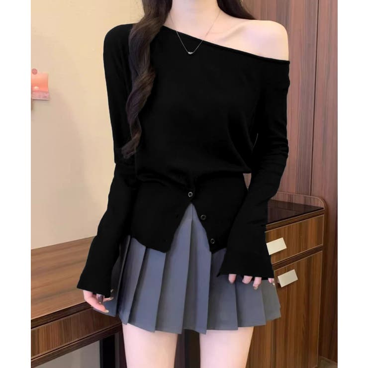 ワンショルダーニットトップス裾ボタン秋服 | Miniministore | 詳細画像6 