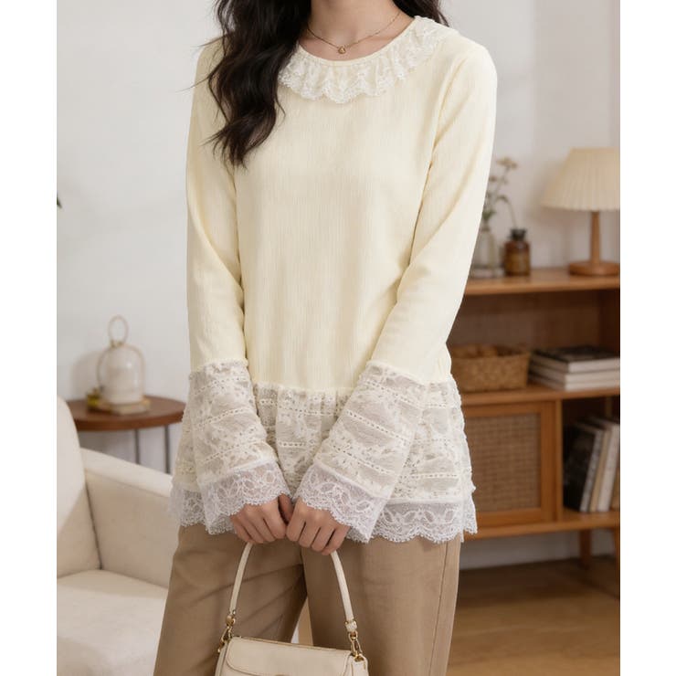 レース切り替えTシャツフェミニントップス | Miniministore | 詳細画像1 