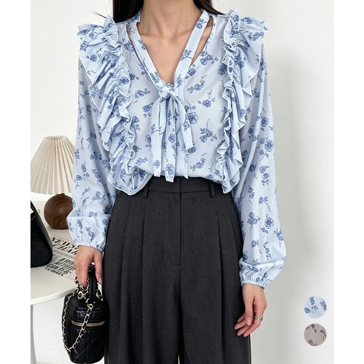 フリル花柄シャツブラウス リボンタイ付き | Miniministore | 詳細画像1 