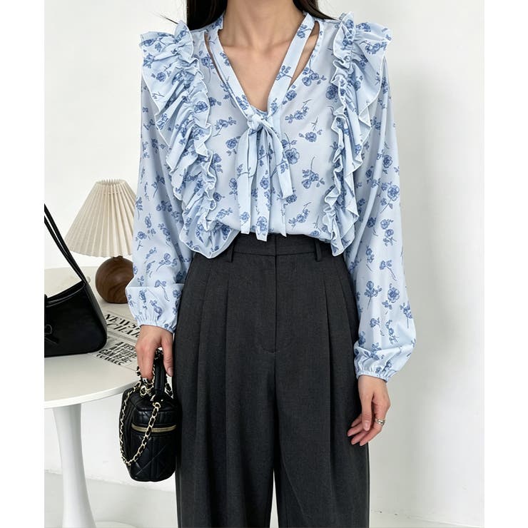 フリル花柄シャツブラウス リボンタイ付き | Miniministore | 詳細画像2 