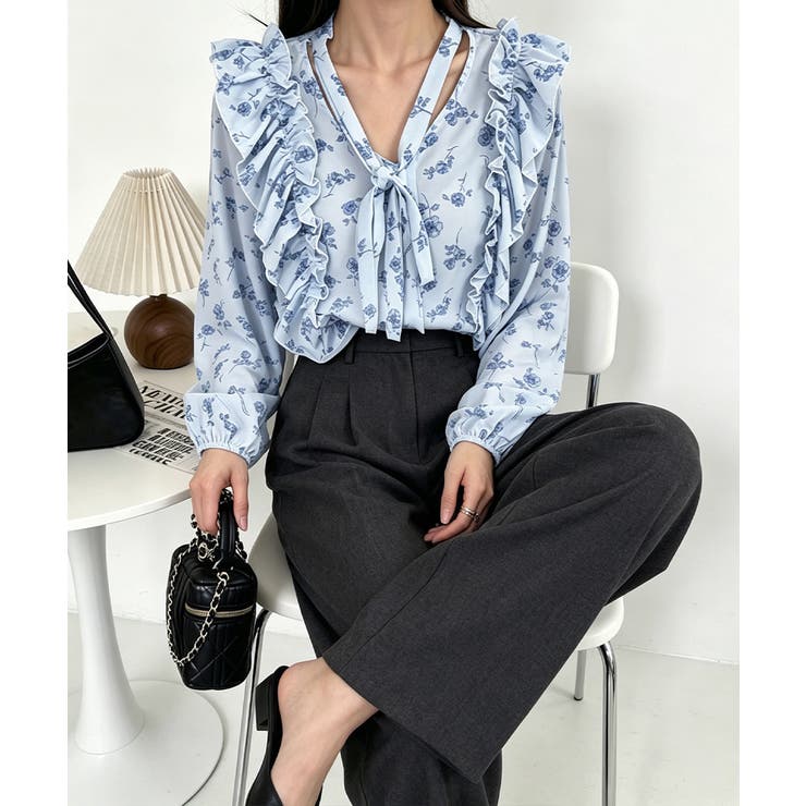 フリル花柄シャツブラウス リボンタイ付き | Miniministore | 詳細画像3 