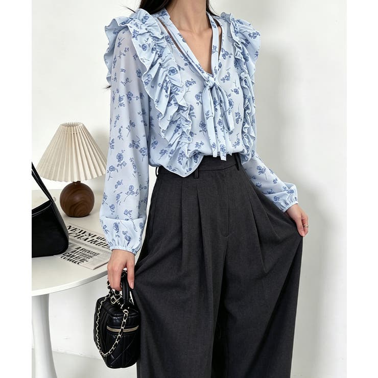 フリル花柄シャツブラウス リボンタイ付き | Miniministore | 詳細画像4 