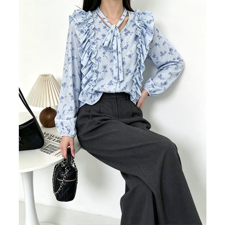 フリル花柄シャツブラウス リボンタイ付き | Miniministore | 詳細画像5 