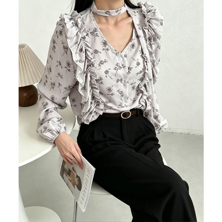 フリル花柄シャツブラウス リボンタイ付き | Miniministore | 詳細画像8 