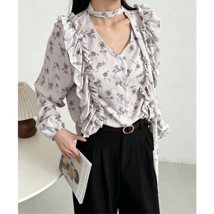 フリル花柄シャツブラウス リボンタイ付き | Miniministore | 詳細画像9 