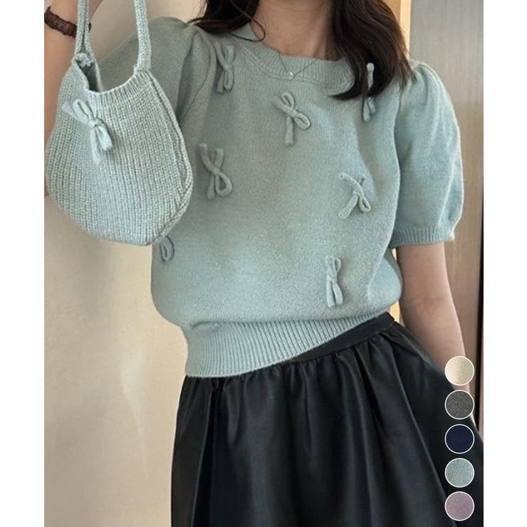 リボン付きニットトップスクルーネック夏服 | Miniministore | 詳細画像1 