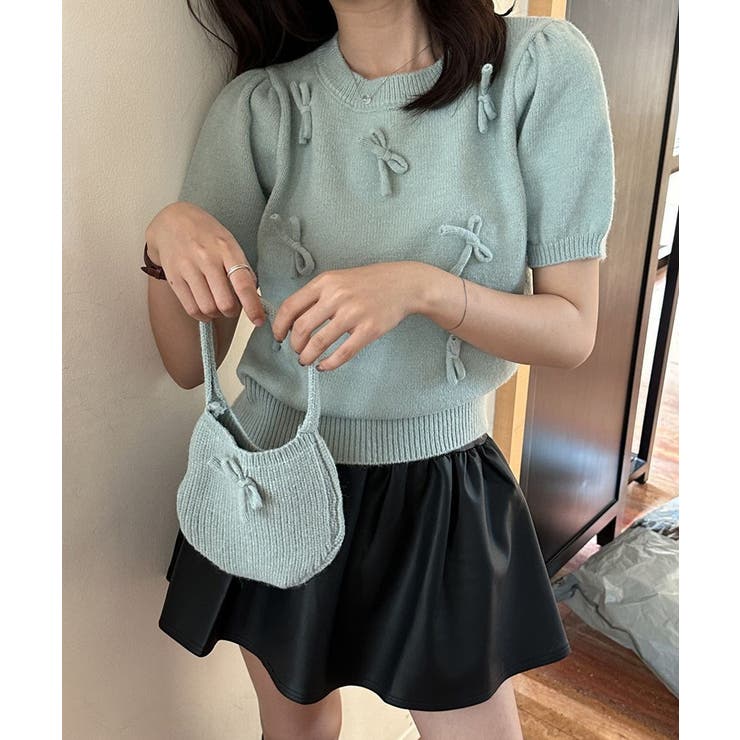 リボン付きニットトップスクルーネック夏服 | Miniministore | 詳細画像2 