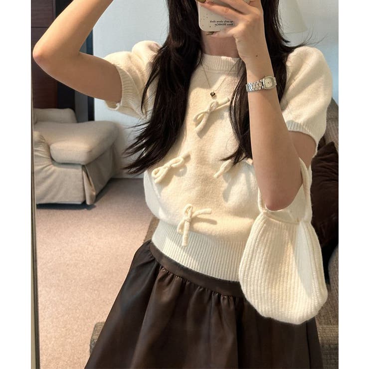 リボン付きニットトップスクルーネック夏服 | Miniministore | 詳細画像6 
