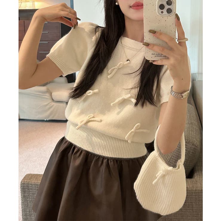 リボン付きニットトップスクルーネック夏服 | Miniministore | 詳細画像8 