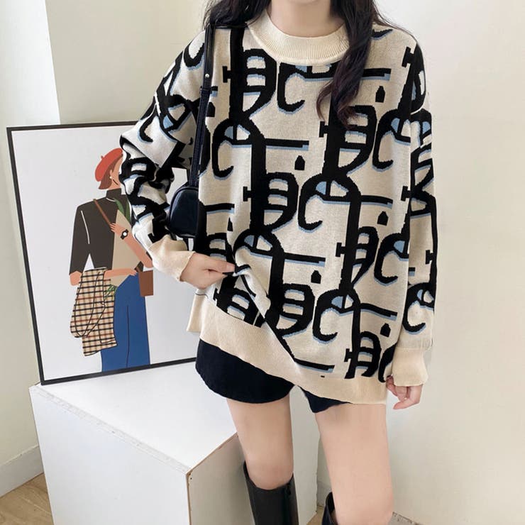 ブラック | ジャガード柄ニットトップス 長袖韓国秋冬 | Miniministore