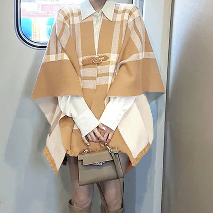 チェック柄ニットケープ ポンチョ ケープ ミリタリー風