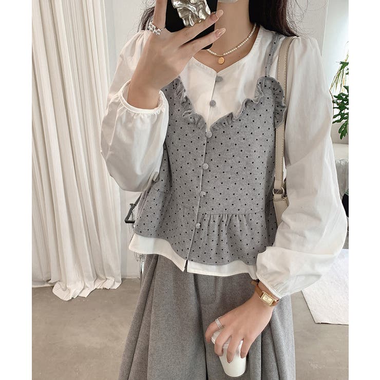 グレー | ドット柄ビスチェレイヤード風ブラウス長袖 | Miniministore