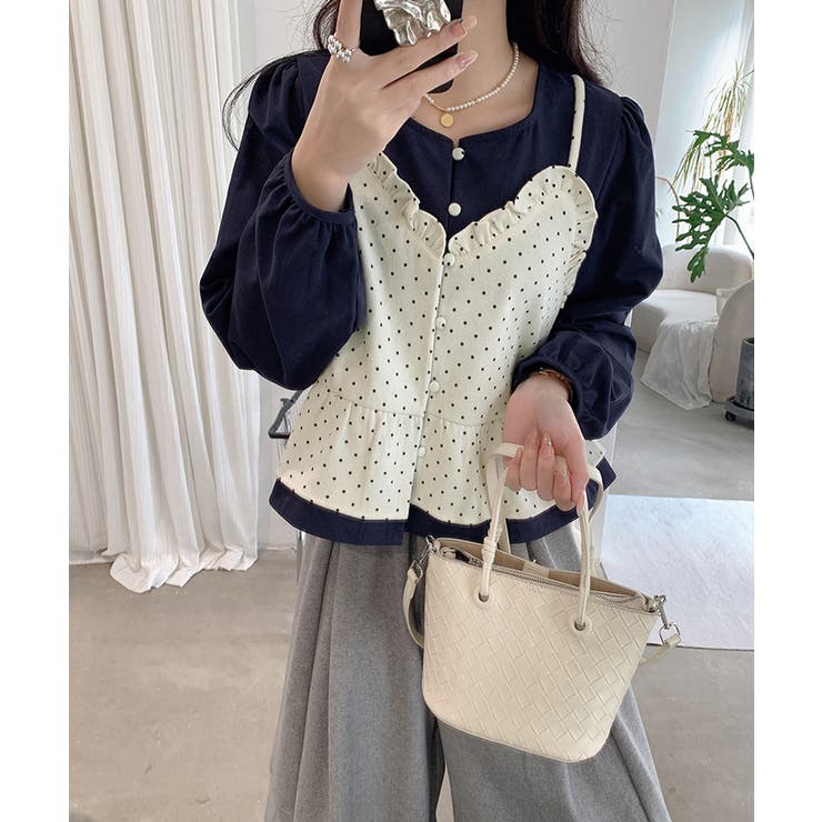 アイボリー | ドット柄ビスチェレイヤード風ブラウス長袖 | Miniministore
