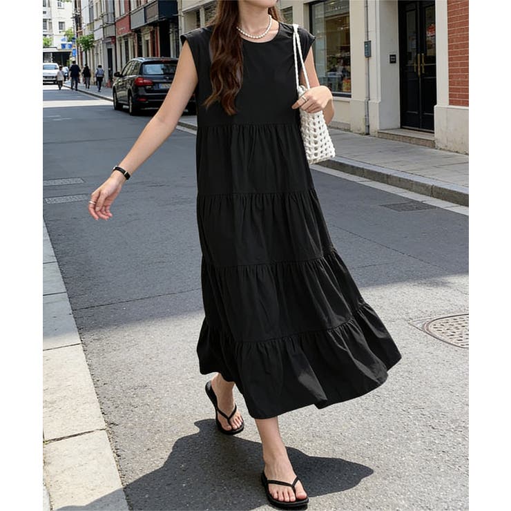 ブラック | 涼感フレアワンピース 体型カバー ギャザーノーカラー無地Aラインワンピ | SUNSHINE CLOSET