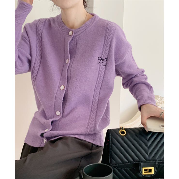 ラベンダー | リボンワンポイントニットカーディガン秋冬 | Miniministore