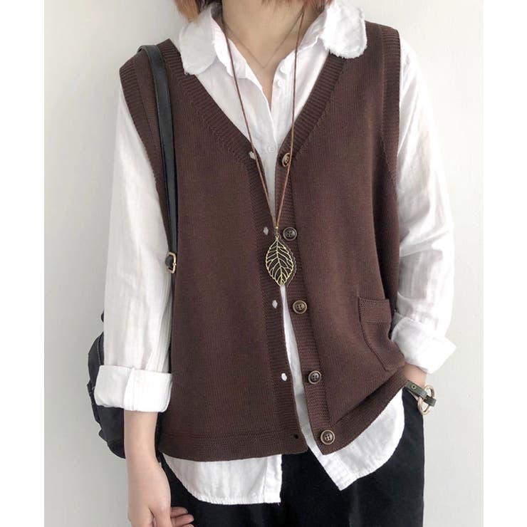 ブラウン | ニットベスト レディース 前開きチョッキ | Miniministore