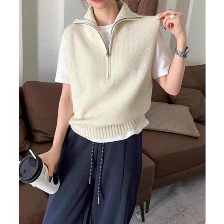アイボリー | ハーフジップ ニットベストスタンドカラー | Miniministore