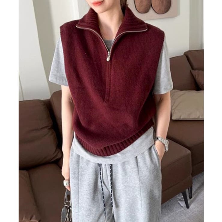 ワインレッド | ハーフジップ ニットベストスタンドカラー | Miniministore
