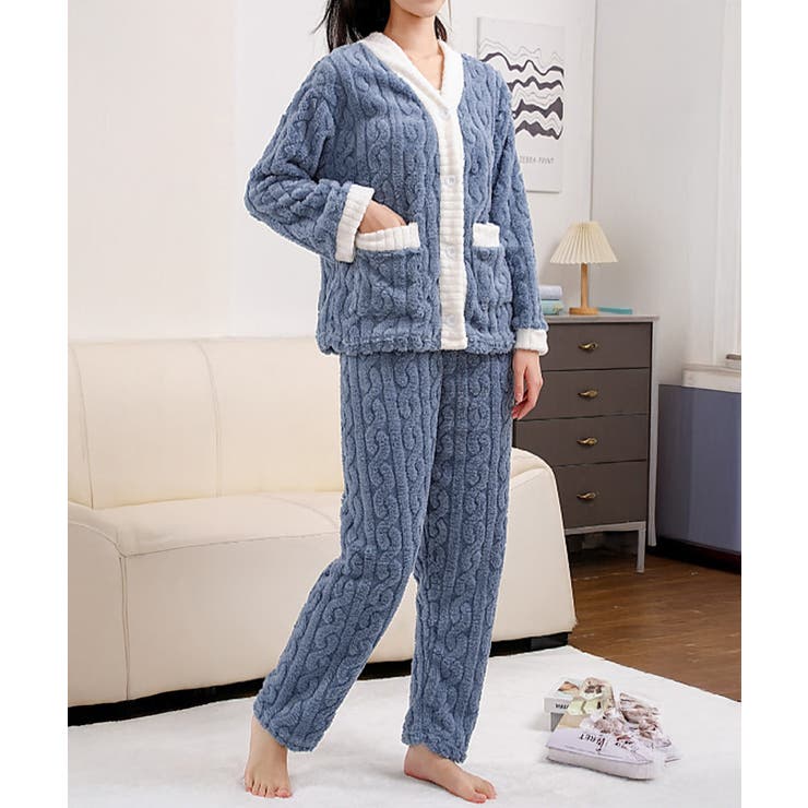 ダークブルー | フリースパジャマ上下セット冬ルームウェア | Miniministore