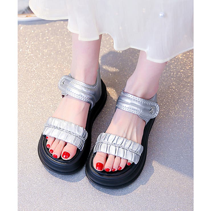 シルバー | 厚底サンダル レディースギャザーサンダル | Miniministore