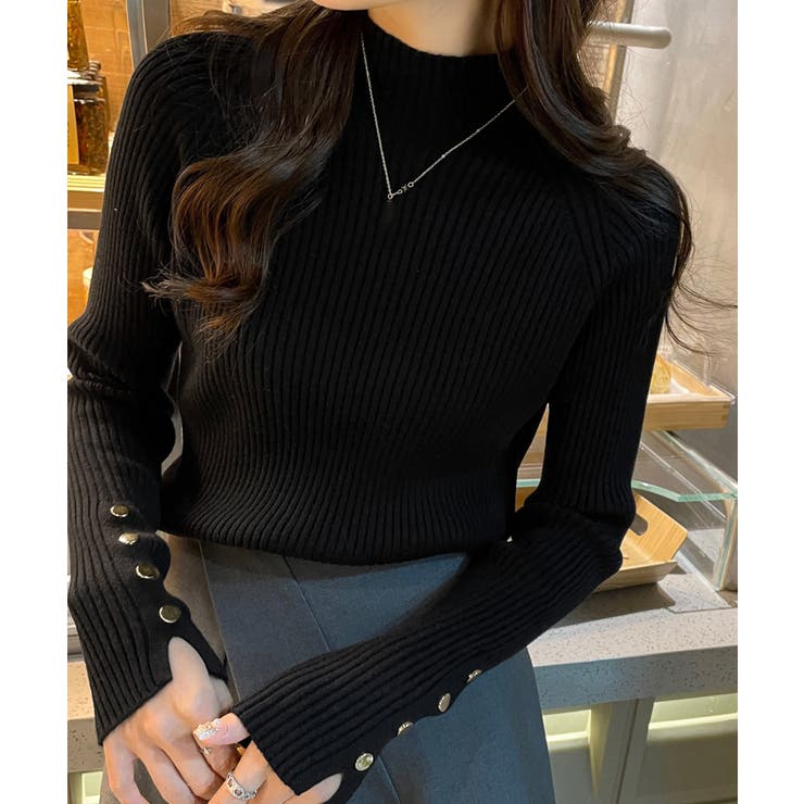 ブラック | ボトルネック ニットトップス 袖口ボタン | Miniministore