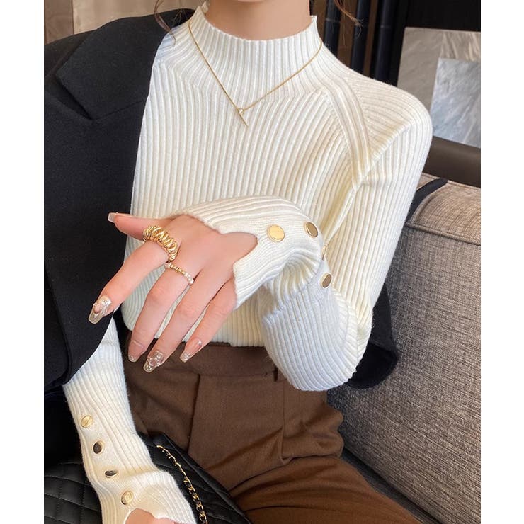 オフホワイト | ボトルネック ニットトップス 袖口ボタン | Miniministore