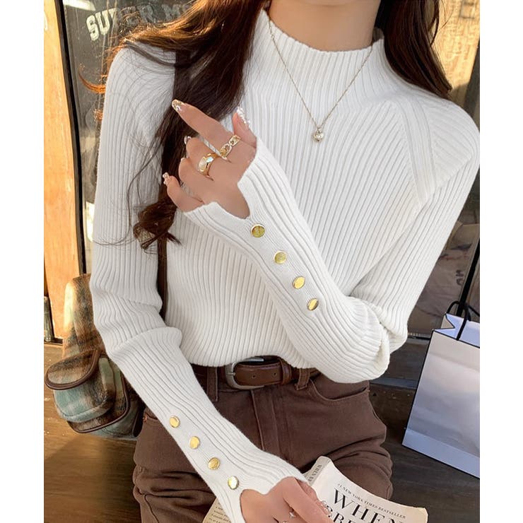 ホワイト | ボトルネック ニットトップス 袖口ボタン | Miniministore