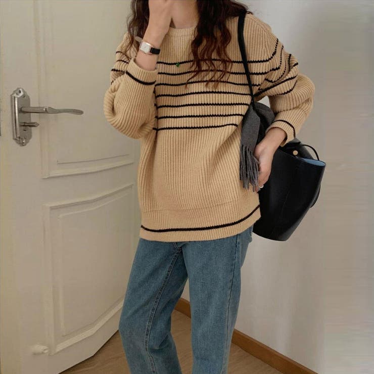 ベージュ | ボーダー柄ニットプルオーバー レディース | Miniministore