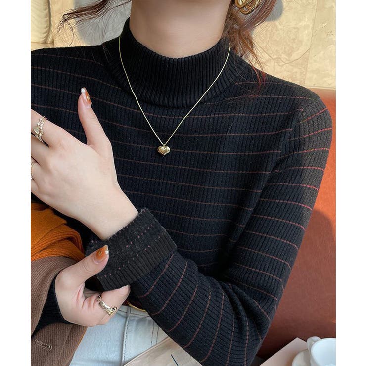 ブラック | 裏微起毛ニットトップスボーダーニット厚手 | Miniministore