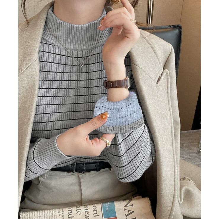 グレー | 裏微起毛ニットトップスボーダーニット厚手 | Miniministore