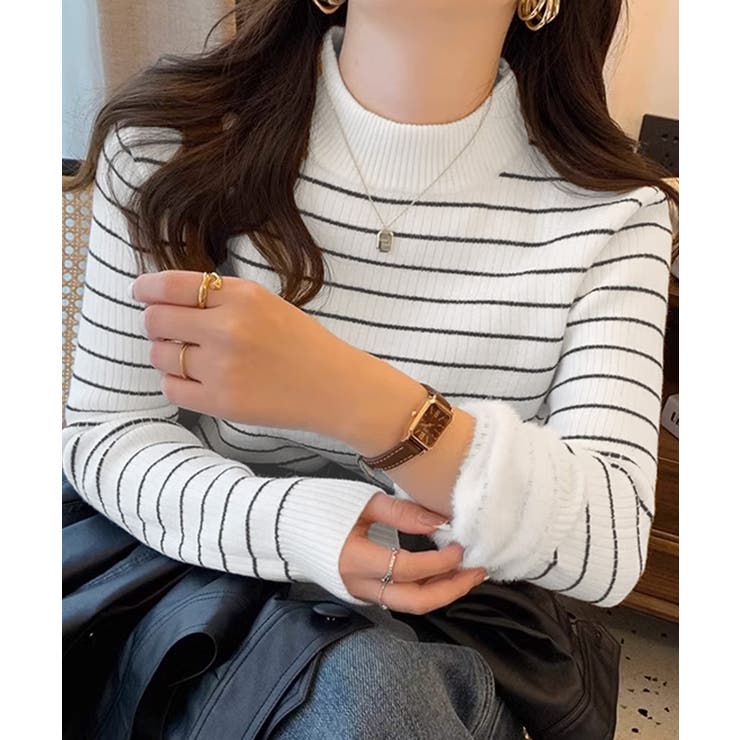 ホワイト | 裏微起毛ニットトップスボーダーニット厚手 | Miniministore