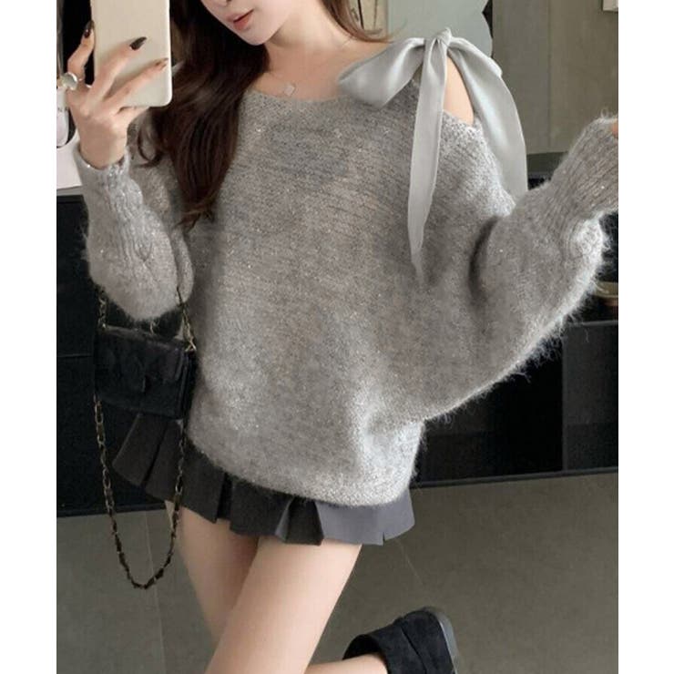 グレー | ラメシャギーニットオフショルダートップス | SUNSHINE CLOSET