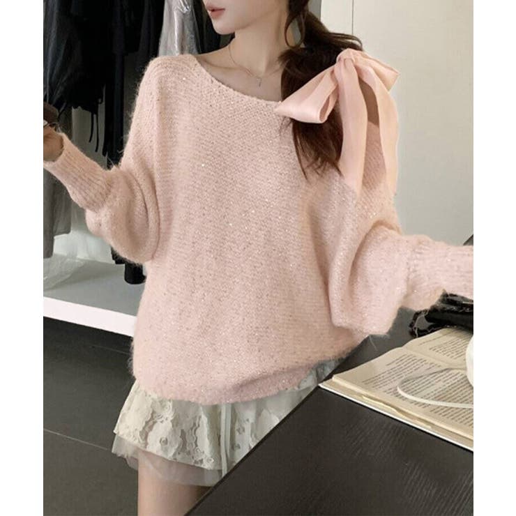 ピンク | ラメシャギーニットオフショルダートップス | SUNSHINE CLOSET