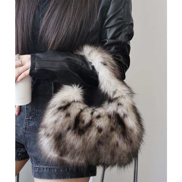 ブラック | ふわふわフェイクファーバッグ アニマル柄 | Miniministore