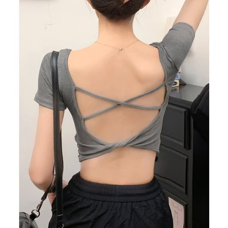 グレー | 背中開きカップ付き半袖Tシャツクロップド | Miniministore