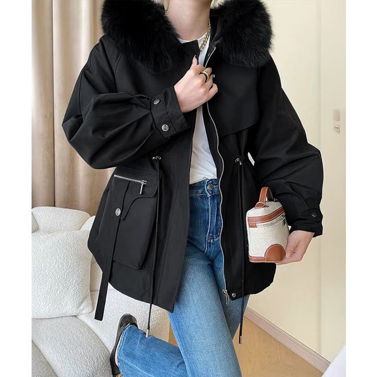 ブラック | ファーフード付きモッズコートレディース冬 | Miniministore