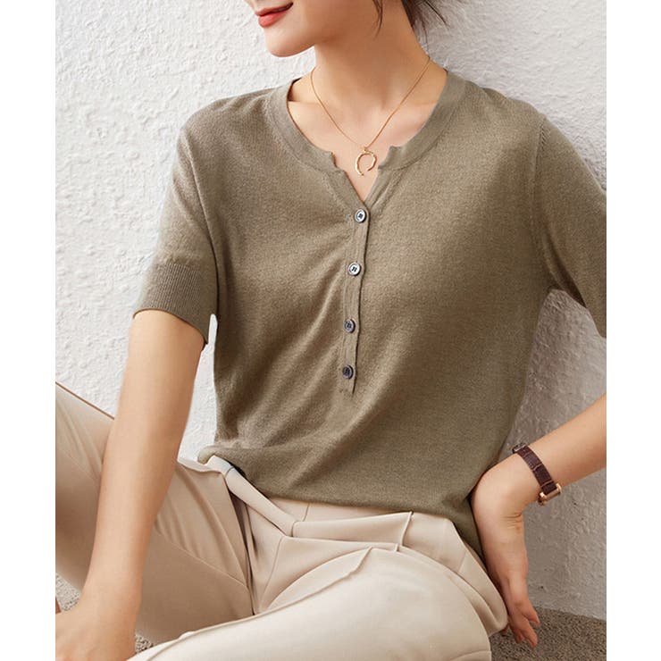 モカ | ニットトップス 半袖Vネックサマーニット | SUNSHINE CLOSET