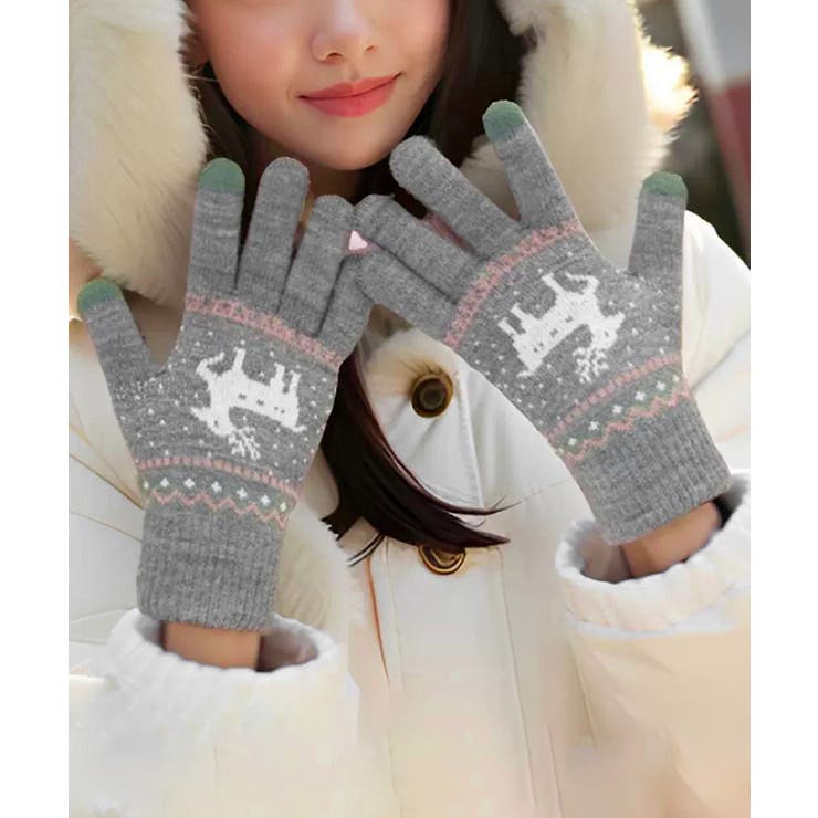 グレー | トナカイ柄手袋タッチパネル対応ニット手袋 | Miniministore