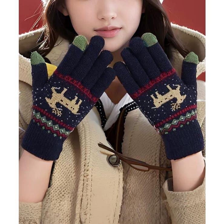 ネイビー | トナカイ柄手袋タッチパネル対応ニット手袋 | Miniministore