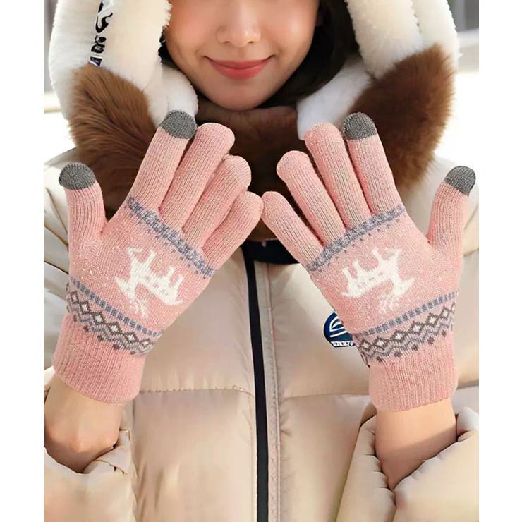 ピンク | トナカイ柄手袋タッチパネル対応ニット手袋 | Miniministore