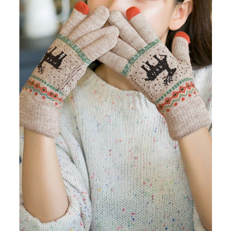 ベージュ | 裏起毛トナカイ柄手袋タッチパネル対応手袋 | Miniministore