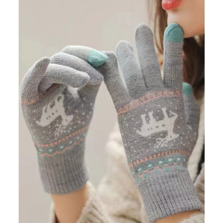 グレー | 裏起毛トナカイ柄手袋タッチパネル対応手袋 | Miniministore